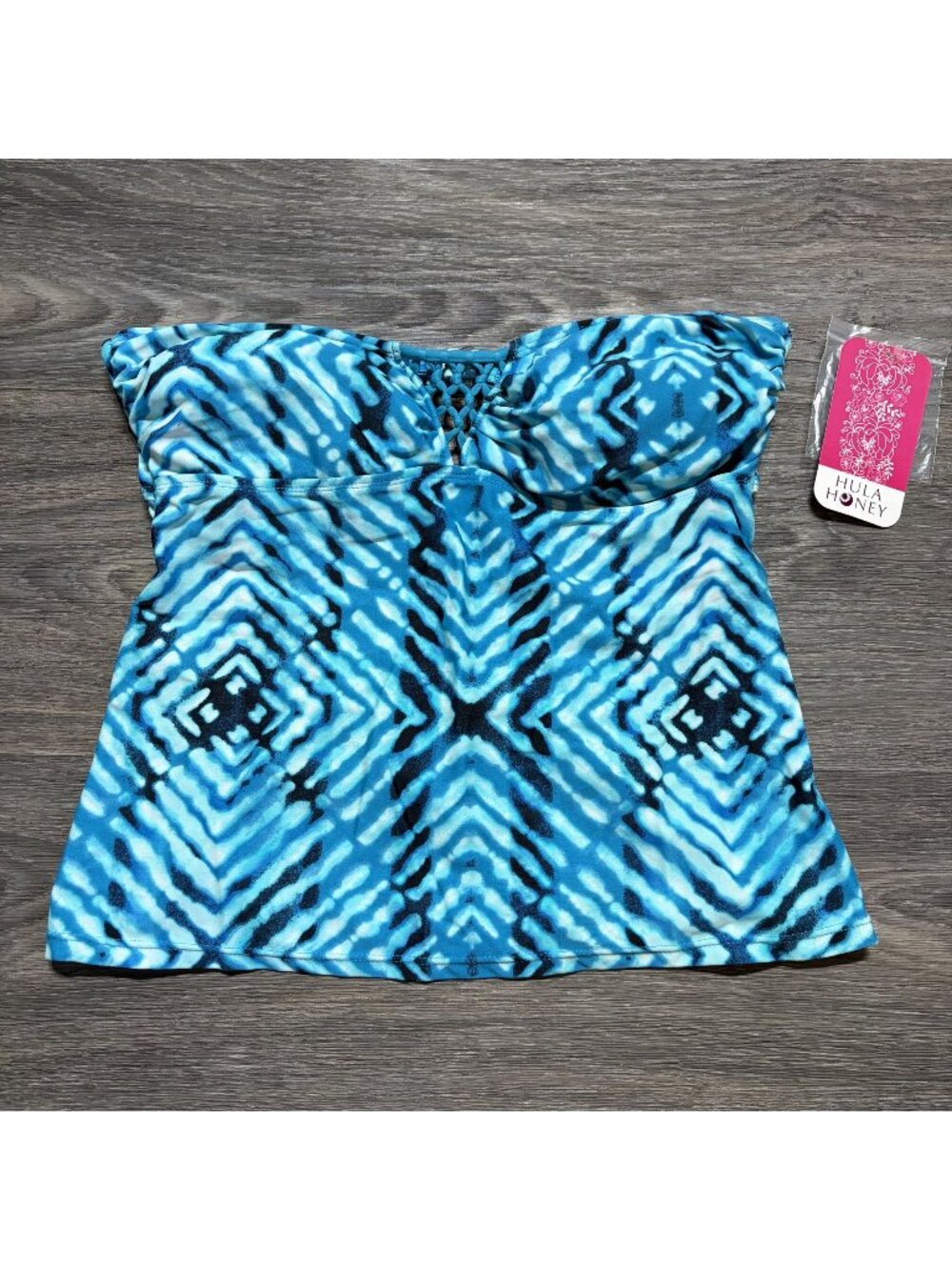 Hula Honey Tie Dye Bandeau Tankini Top Medium Swim Blue Geometric Macrame NEW
